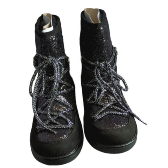 GBG GUESS Womens Black Logo Sparkle Lace up Detail Insulated Boots Size 10M - Picture 2 of 3